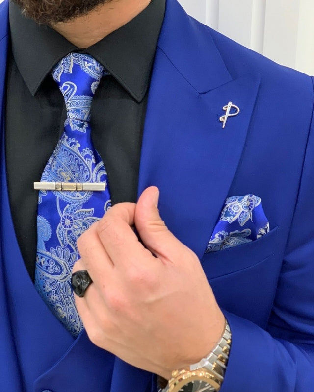 Abner Fashion Blue Close Fitting Three Pieces Peaked Lapel Prom Men Suits