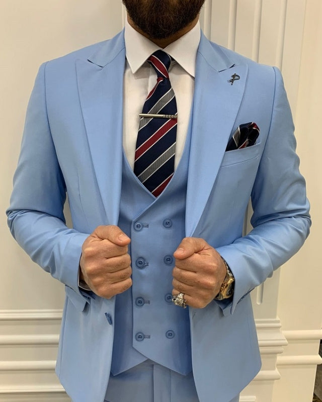 Fashion Sky Blue Close Fitting Three Pieces Peaked Lapel Prom Men Suits