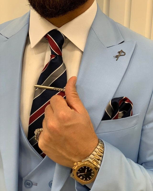 Fashion Sky Blue Close Fitting Three Pieces Peaked Lapel Prom Men Suits