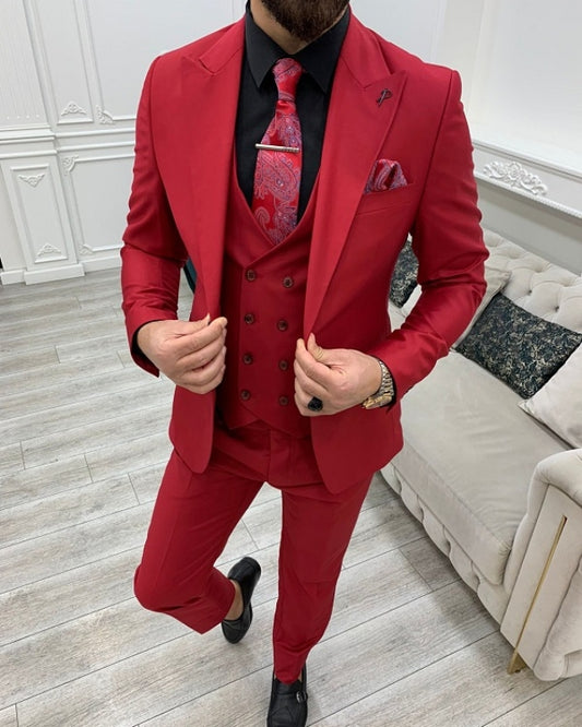 Handsome Red Slim Fit Three Pieces Peaked Lapel Prom Men Suits