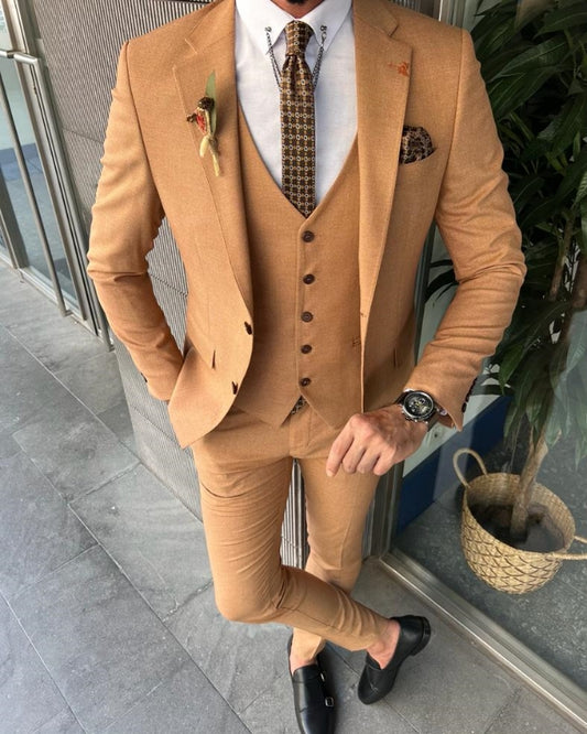 Fashion Camel Close Fitting Three pieces Notch Lapel Prom Men Suits