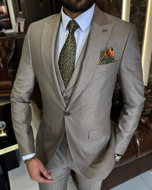 Augustine Three Pieces Gray Peaked Lapel Close Fitting Striped Business Suits