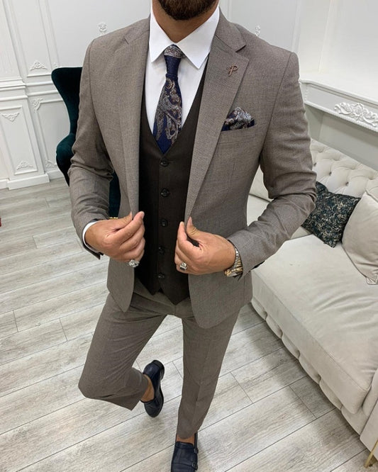 Handsome Coffee Slim Fit Three pieces Notch Lapel Business Men Suits