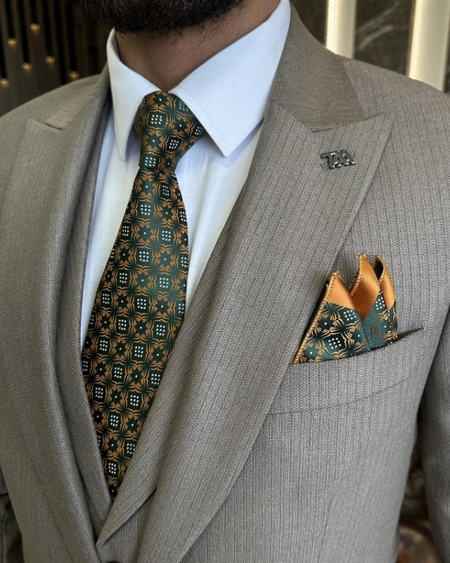 Augustine Three Pieces Gray Peaked Lapel Close Fitting Striped Business Suits