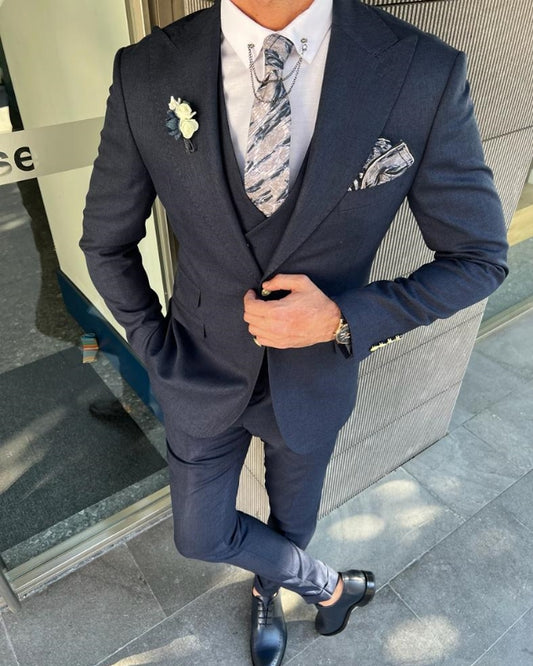 Abdul Handsome Dark Blue Best Fitting Three pieces Peaked Lapel Business Men Suits