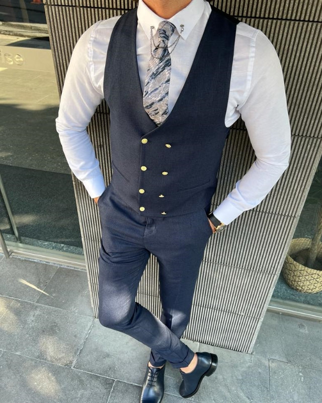 Abdul Handsome Dark Blue Best Fitting Three pieces Peaked Lapel Business Men Suits