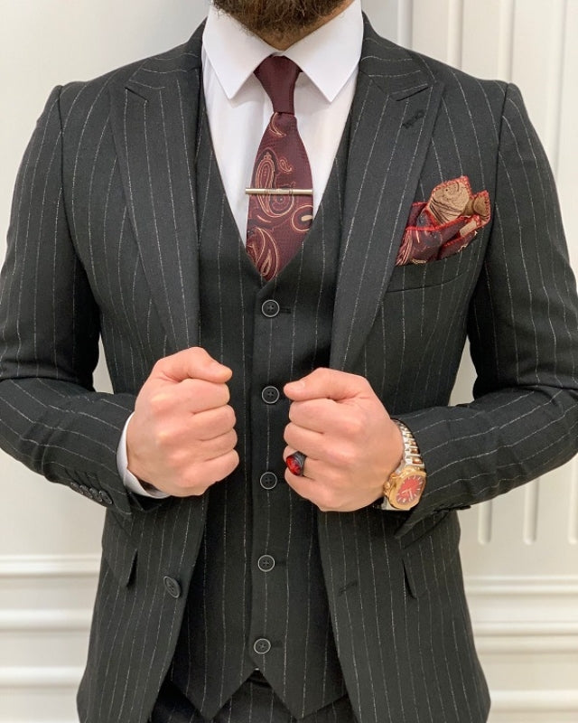 Abner Newest Black Striped Slim Fit three Pieces Peaked Lapel Business Men Suits