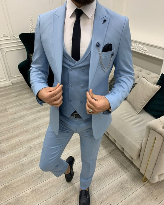 Amber Handsome Sky Blue Best Fitting Three Pieces Peaked Lapel Men Suits