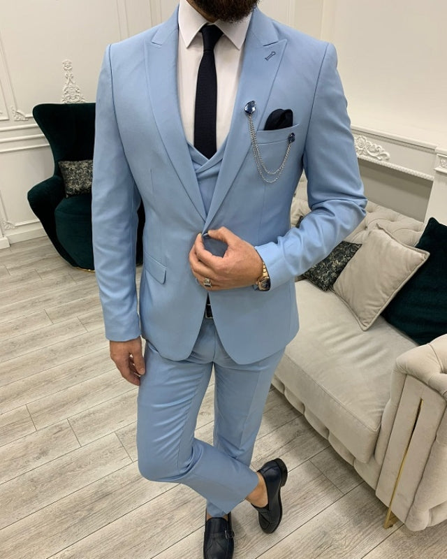 Amber Handsome Sky Blue Best Fitting Three Pieces Peaked Lapel Men Suits
