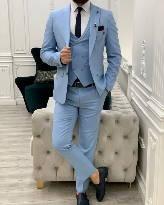 Amber Handsome Sky Blue Best Fitting Three Pieces Peaked Lapel Men Suits