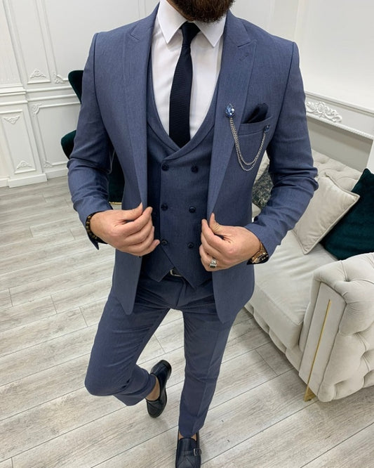 Barlow Chic Blue Slim Fit Three Pieces Peaked Lapel Business Men suits