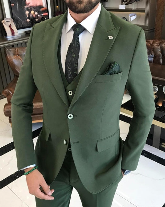 Baker Fashion Dark Green Peaked Lapel Three Pieces Business Suits