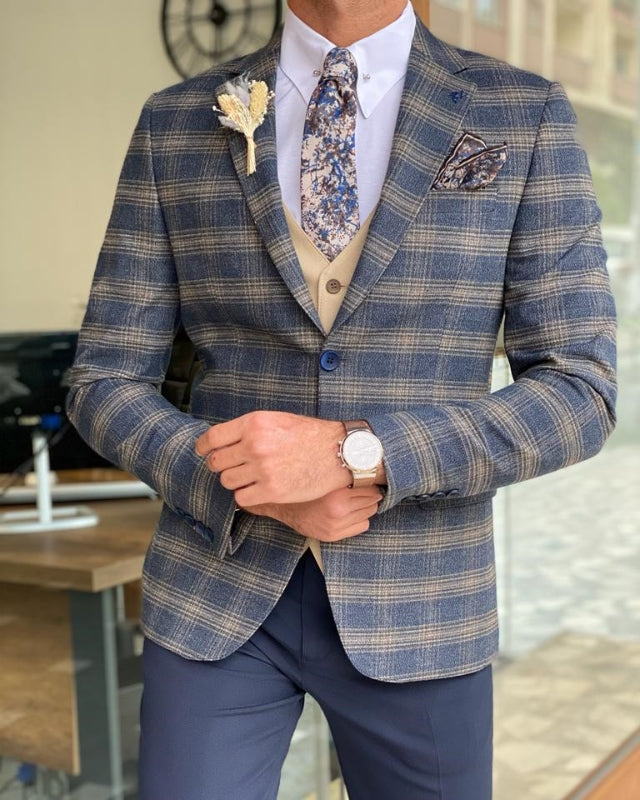 Stylish Blue Plaid Best Fitting three Pieces Notch Lapel Prom Men Suits