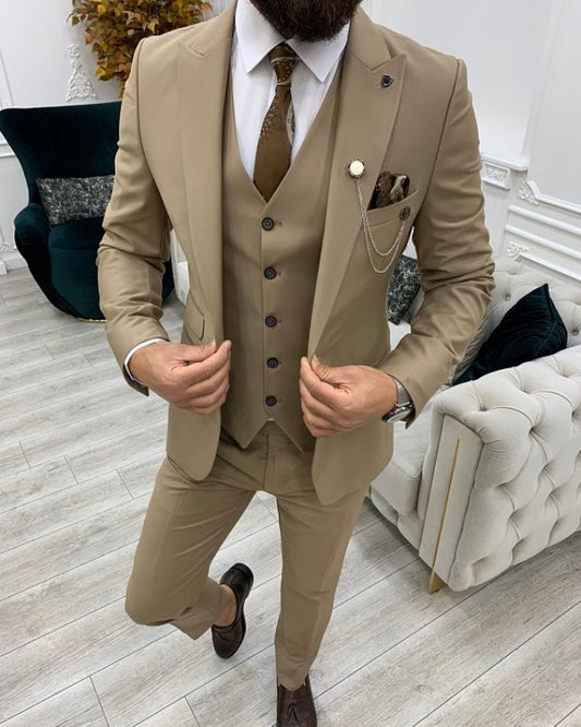 Angus Handsome Khaki Slim Fit Three Pieces Peaked Lapel Prom Men Suits