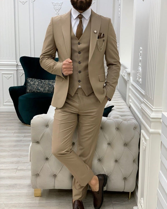 Angus Handsome Khaki Slim Fit Three Pieces Peaked Lapel Prom Men Suits