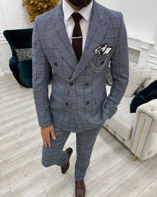 Amber Modern Blue Plaid Double Breasted Best Fitting Peaked Lapel Prom Men Suits