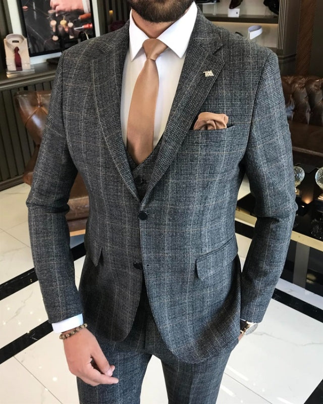 Baldwin Generous Gray Plaid Peaked Lapel Three Pieces Business Suits