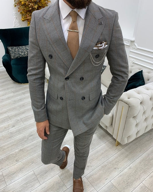 Handsome Dark Gray Plaid Double Breasted Best Fitting Peaked Lapel Business Men Suits