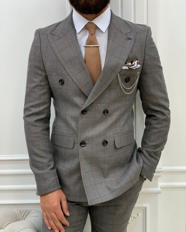 Handsome Dark Gray Plaid Double Breasted Best Fitting Peaked Lapel Business Men Suits