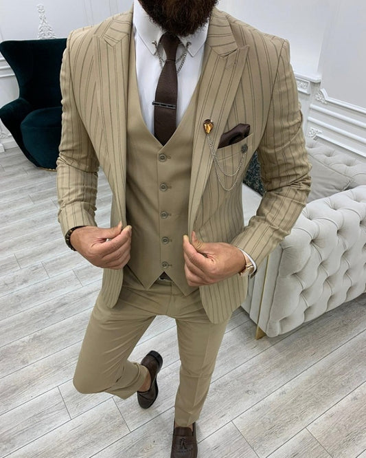 Trendy Khaki Striped Slim Fit Three Pieces Peaked Lapel Prom Men Suits