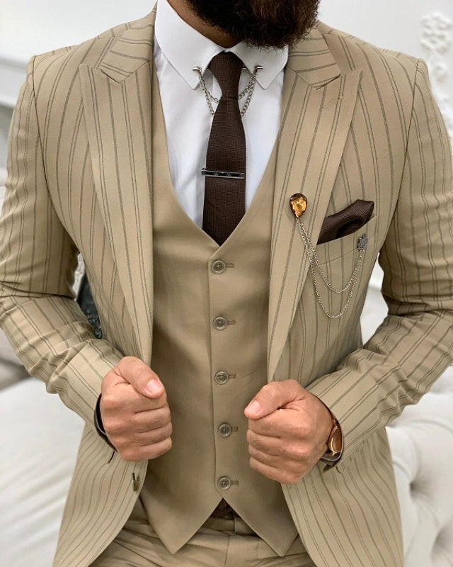 Trendy Khaki Striped Slim Fit Three Pieces Peaked Lapel Prom Men Suits
