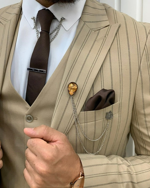 Trendy Khaki Striped Slim Fit Three Pieces Peaked Lapel Prom Men Suits