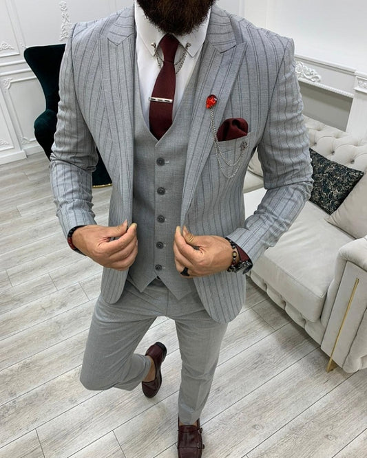 Newest Gray Striped Slim Fit Three Pieces Pieces Lapel Prom Men Suits
