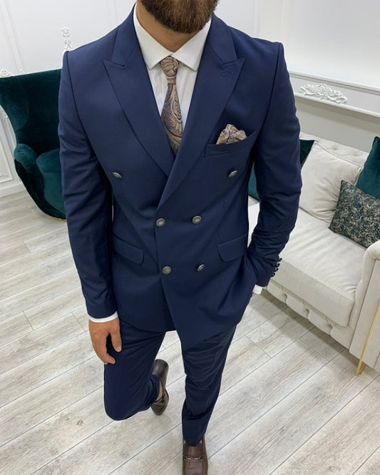 Newest Dark Blue Double Breasted Slim Fit Peaked Lapel Business Men Suits