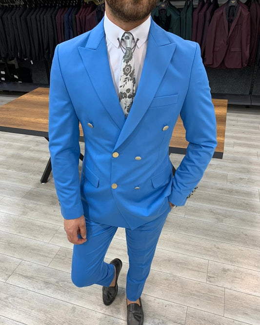 Fashion Sky Blue Double Breasted Best Fitting Peaked Lapel Prom Men Suits