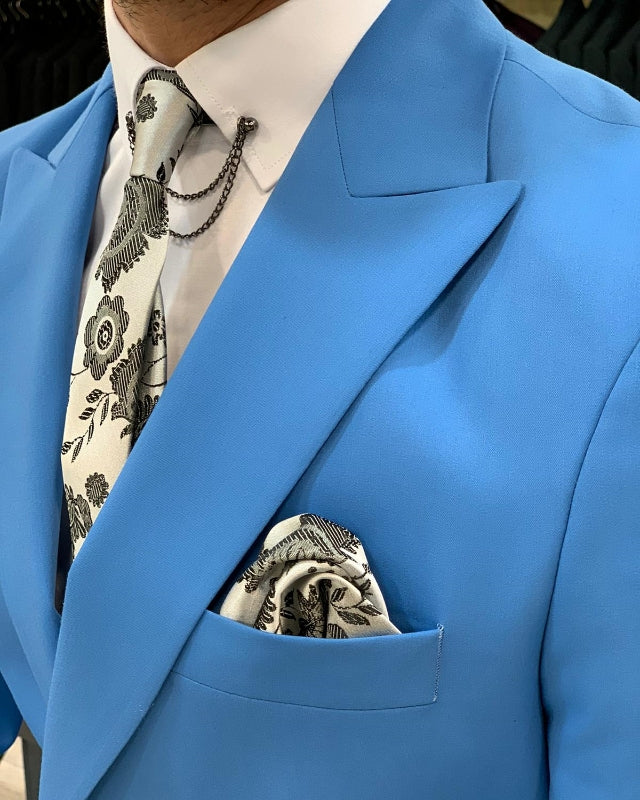 Fashion Sky Blue Double Breasted Best Fitting Peaked Lapel Prom Men Suits
