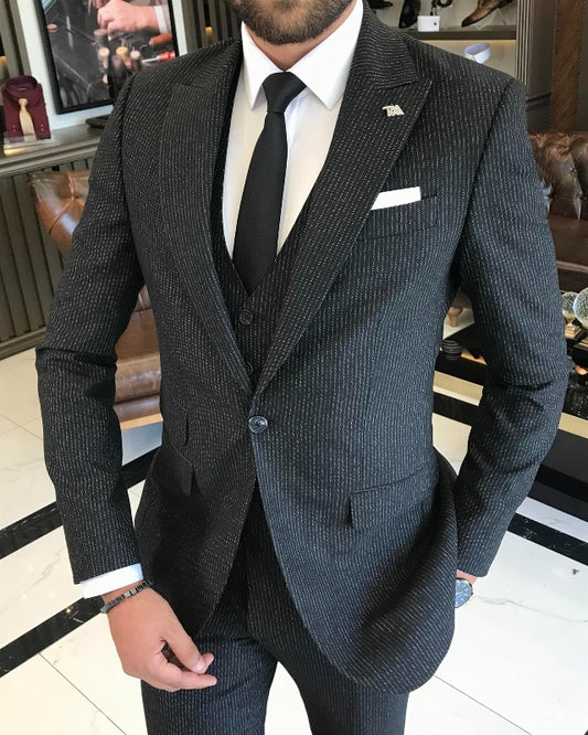 Barlow Newest Black Striped Peaked Lapel Three Pieces Business Suits