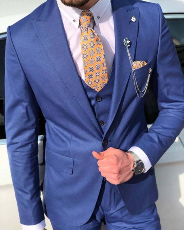 Barlow Handsome Blue Slim Fit Three Pieces Peaked Lapel Prom Men Suits