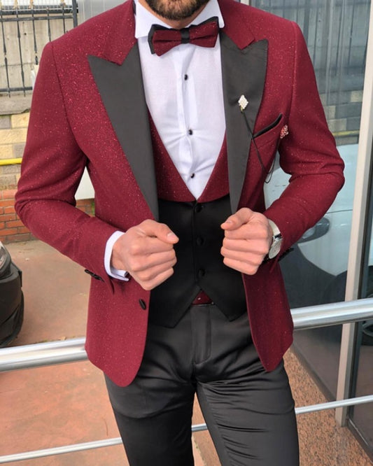 Bling Red Best Fitting Three Pieces Peaked Lapel Prom Men Suits