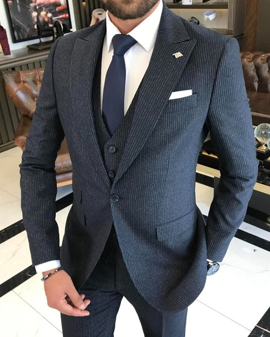 Barnett Dark Navy Peaked Lapel Three Pieces Slim Fit Business Suits