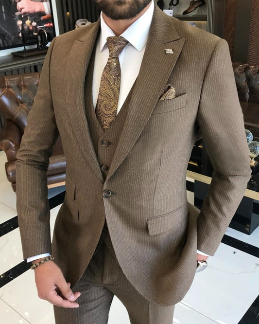 Barret Modern Brown Striped Peaked Lapel Three Pieces Business Suits