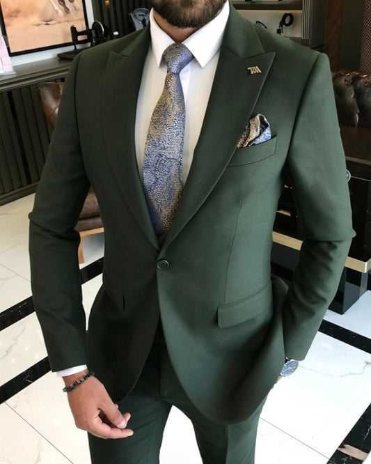 Barry Fashion Dark Green Peaked Lapel Three Pieces Business Suits