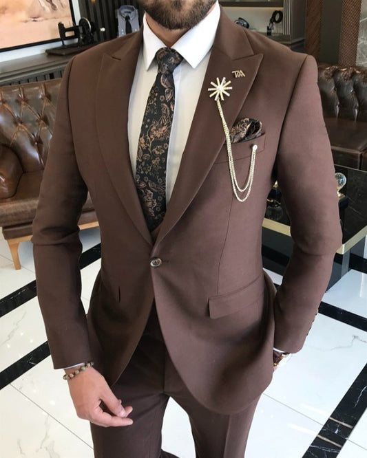 Bartholomew Gentle Brown Peaked Lapel Three Pieces Business Suits
