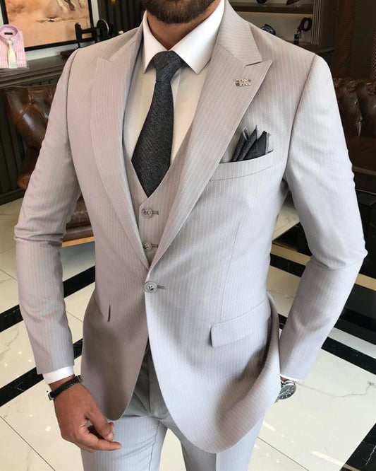 Bartley Chic Light Gray Peaked Lapel Striped Business Suits