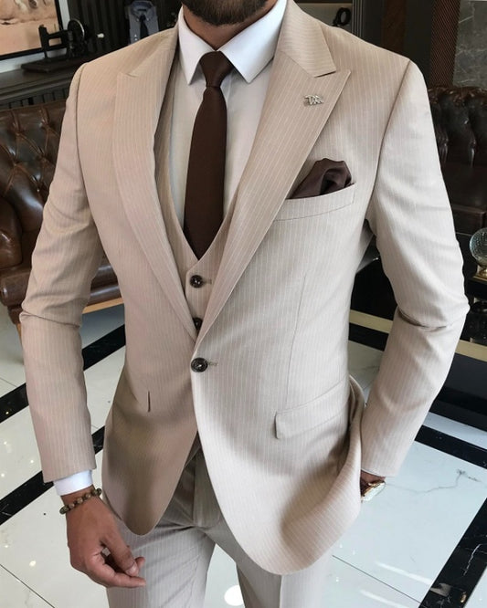 Basil Modern Apricot Striped Peaked Lapel Three Pieces Business Suits