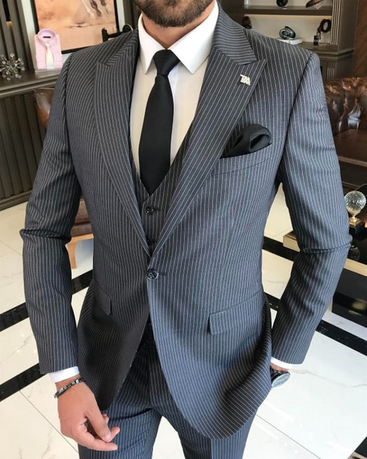 Beck Special Dark Gray Striped Peaked Lapel Three Pieces Business Suits