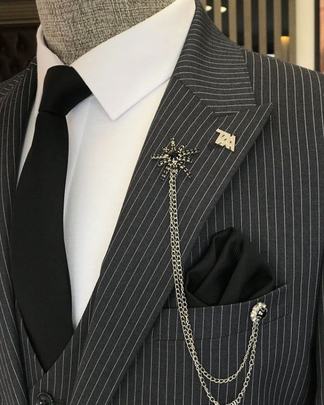 Beck Special Dark Gray Striped Peaked Lapel Three Pieces Business Suits