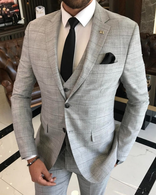Ben Fashion Light Gray Plaid Notched Lapel Three Pieces Business Suits