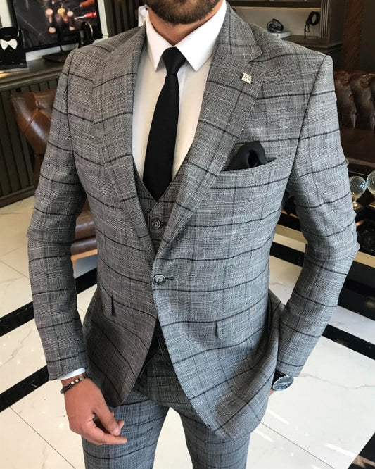 Benedict Chic Gray Plaid Notched Lapel Three Pieces Business Suits