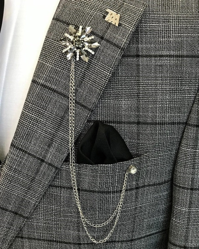 Benedict Chic Gray Plaid Notched Lapel Three Pieces Business Suits