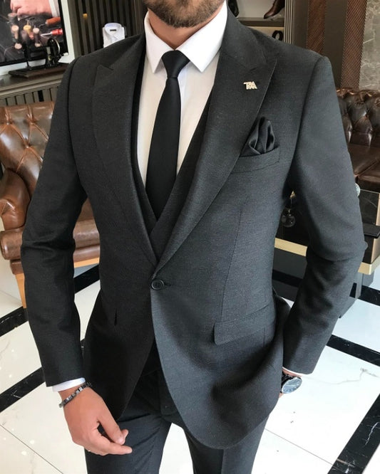 Benson Formal Black Peaked Lapel Three Pieces Business Suits
