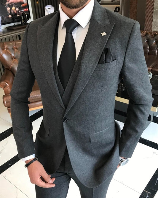 Berg Dark Gray Peaked Lapel Slim Fit Three Pieces Business Suits