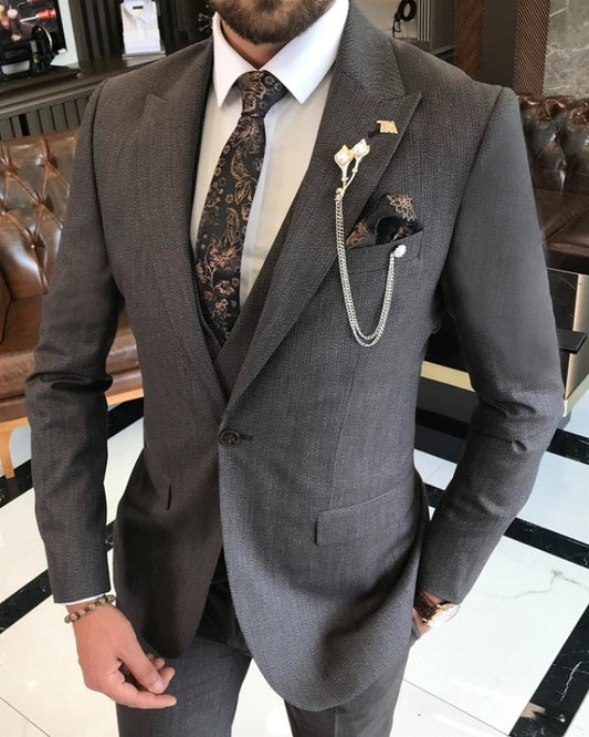 Berger Bespoke Dark Gray Peaked Lapel Three Pieces Business Suits