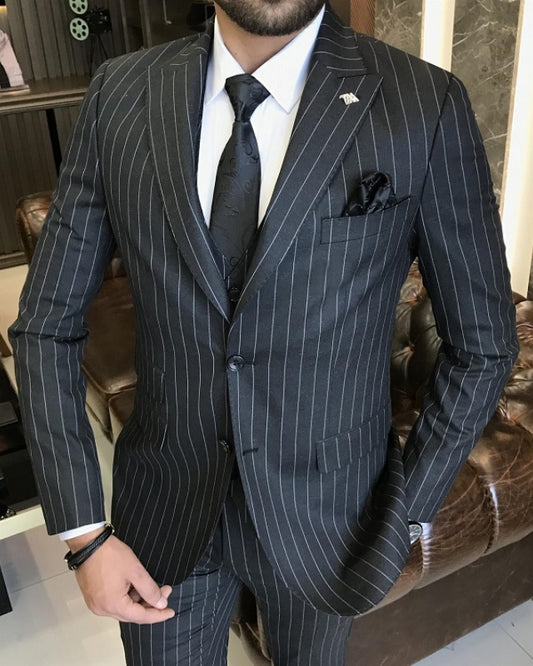 Asa Modern Dark Gray Peaked Lapel Three Pieces Stripes Business Suits
