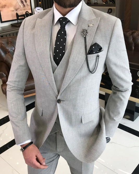 Boris Fancy Light Gray Peaked Lapel Three Pieces Business Suits