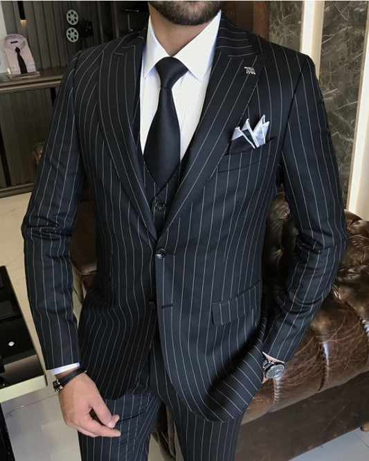 Ashbur Generous Black Striped Peaked Lapel Three Pieces Business Suits